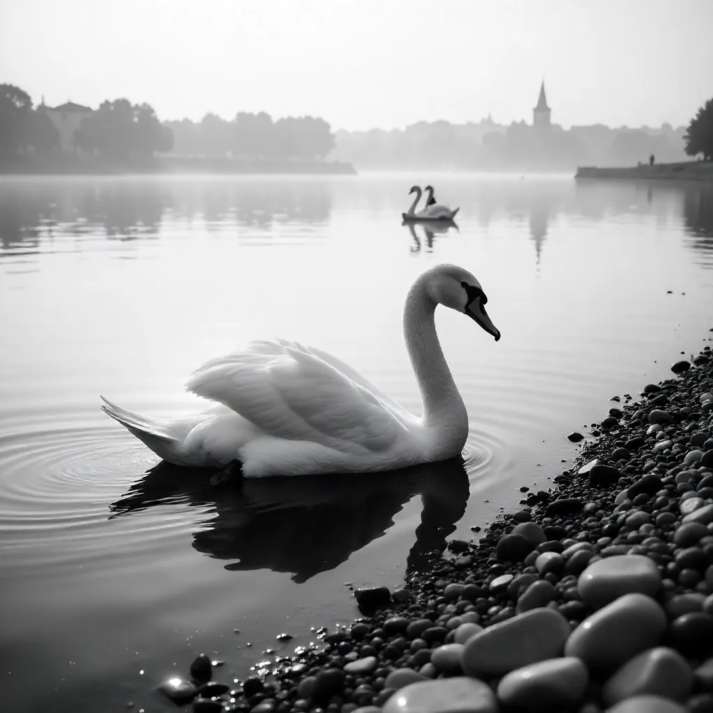 Black and White Swan on Zagreb Pebble Shore