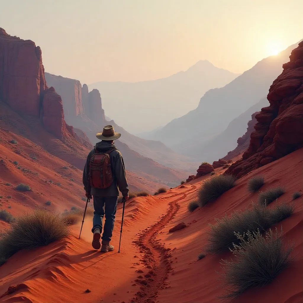 Solitary Traveler on a Misty Red Sand Trail in Peru