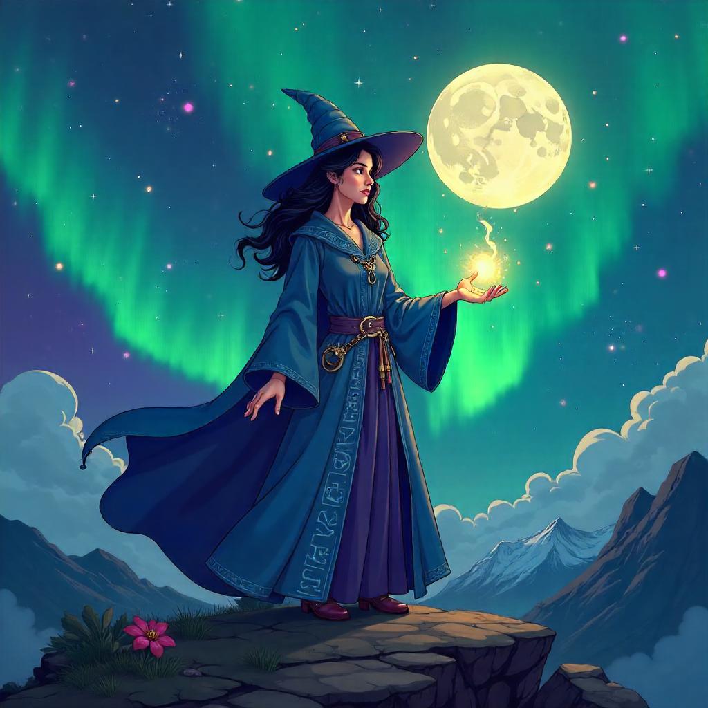 Cartoon Sorceress Under the Northern Lights