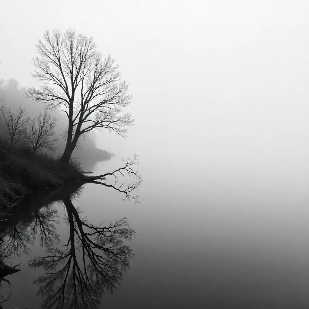Mist on the Lake: Bare Branches in Black and White