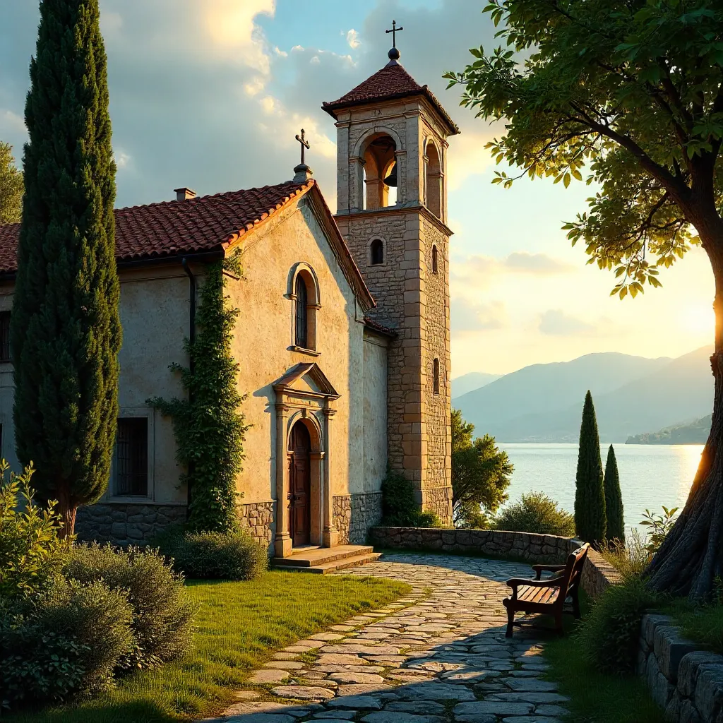 Historic Salò Church and Bell Tower in Lush Greenery