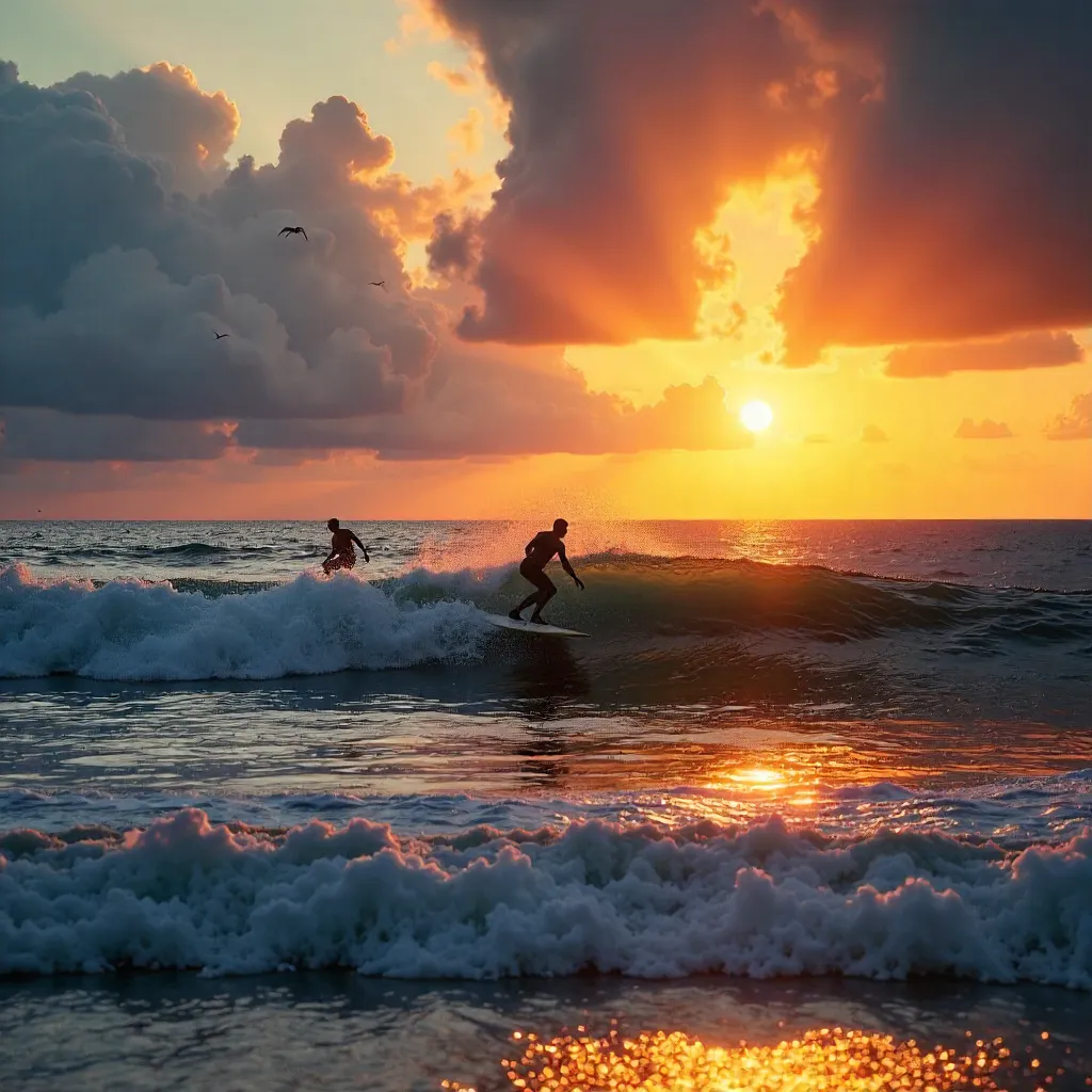 Golden Hour Surfers: Sunset Seascape