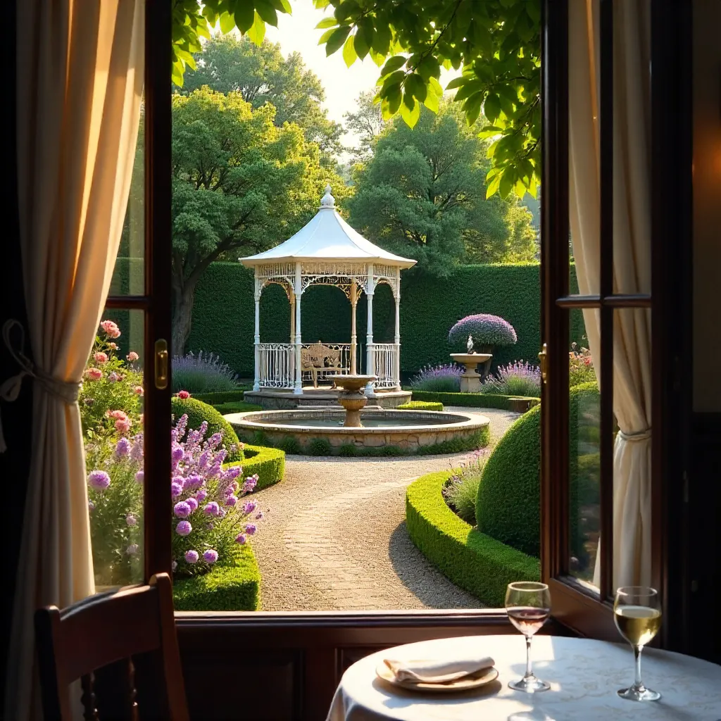 Serene Garden Gazebo View from a French Restaurant Window