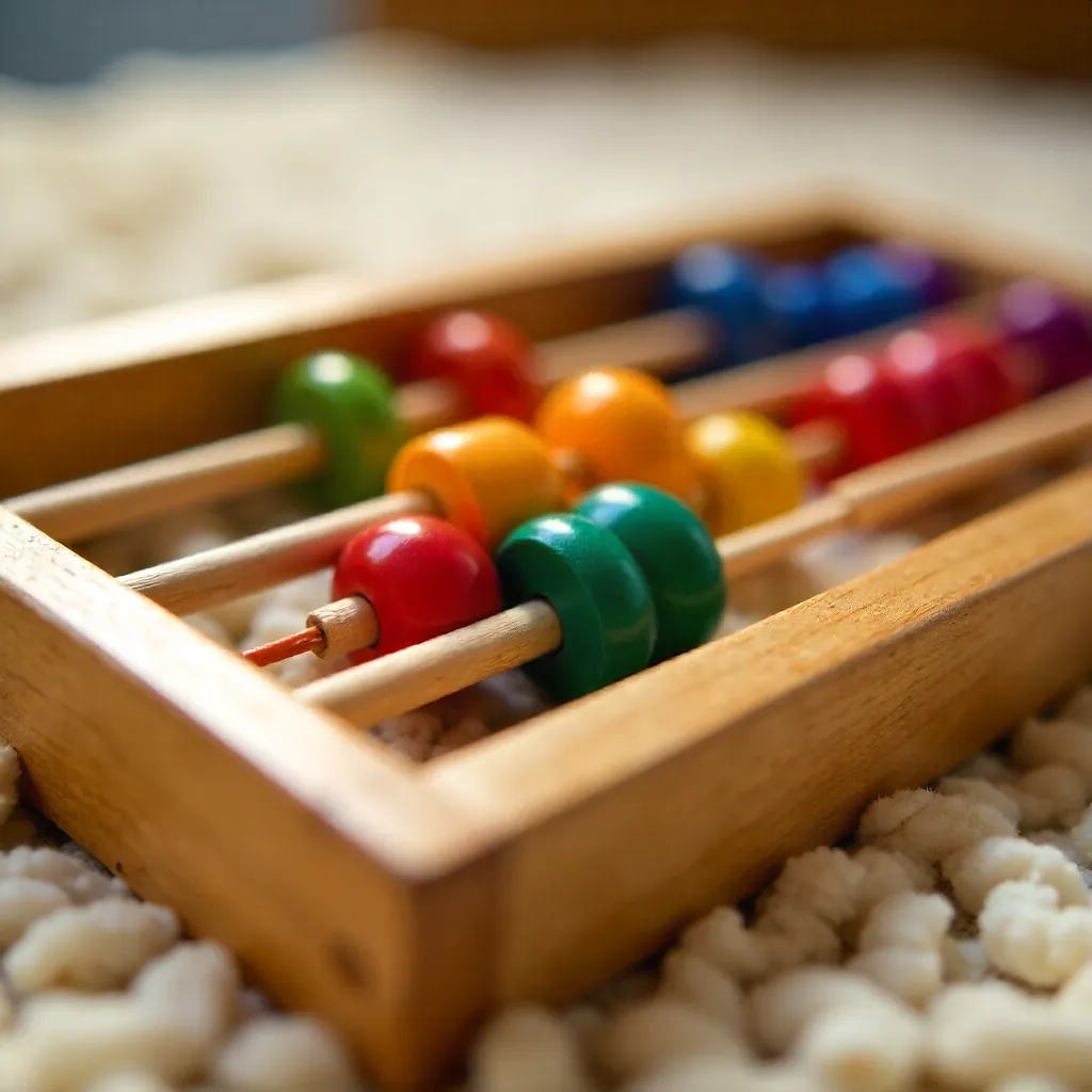 Aesthetic Close-Up: Colorful Wooden Abacus on Beige Carpet