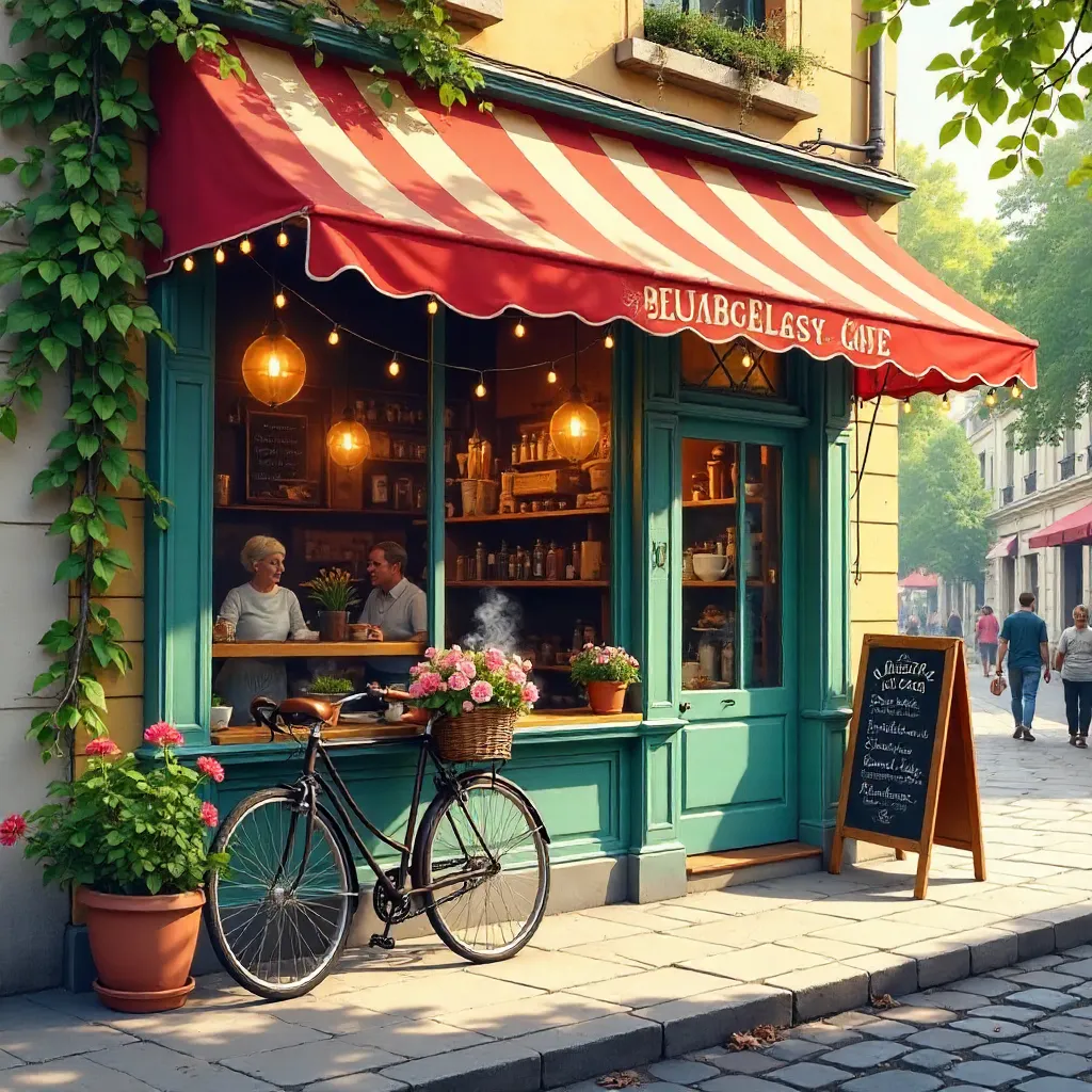 Cozy Street Café Exterior with Striped Awning and Eclectic Signs