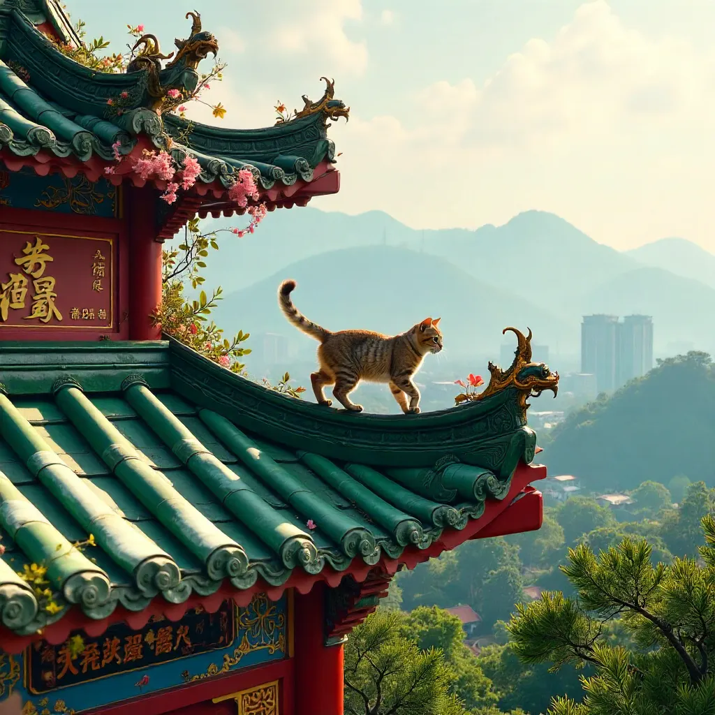 Cat Walking the Vibrant Temple Roof of Taipei