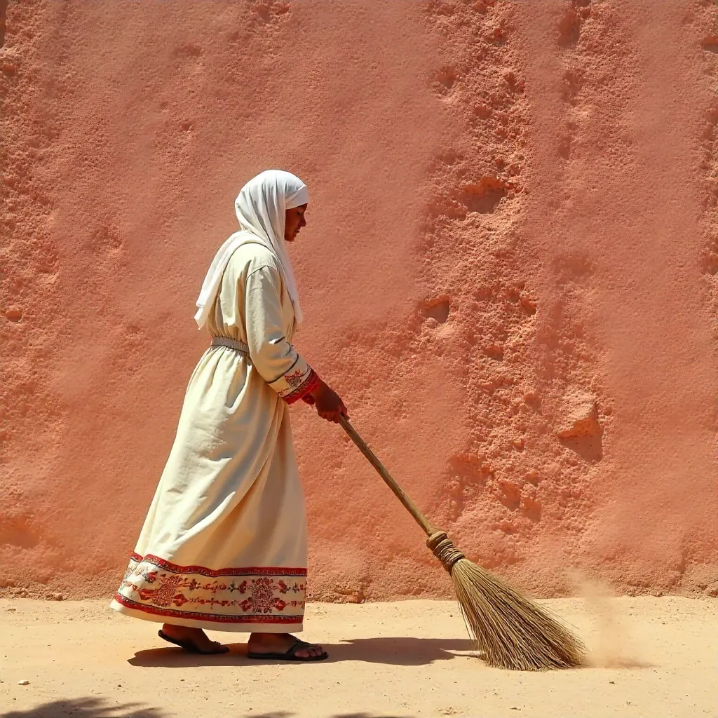 Sweeping in Front of a Pink Clay Wall Under Sunlight