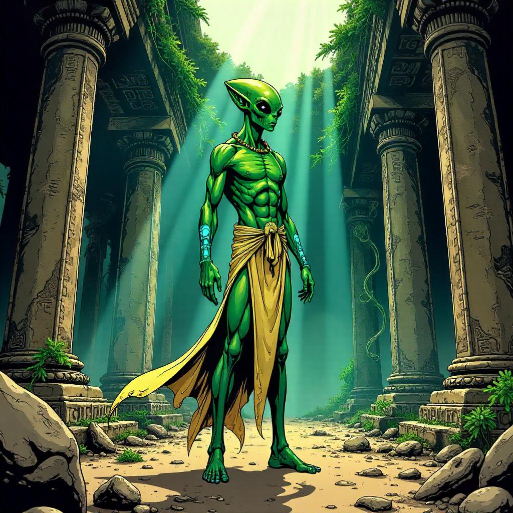 Alien in Temple Ruins: A Comic Book Encounter