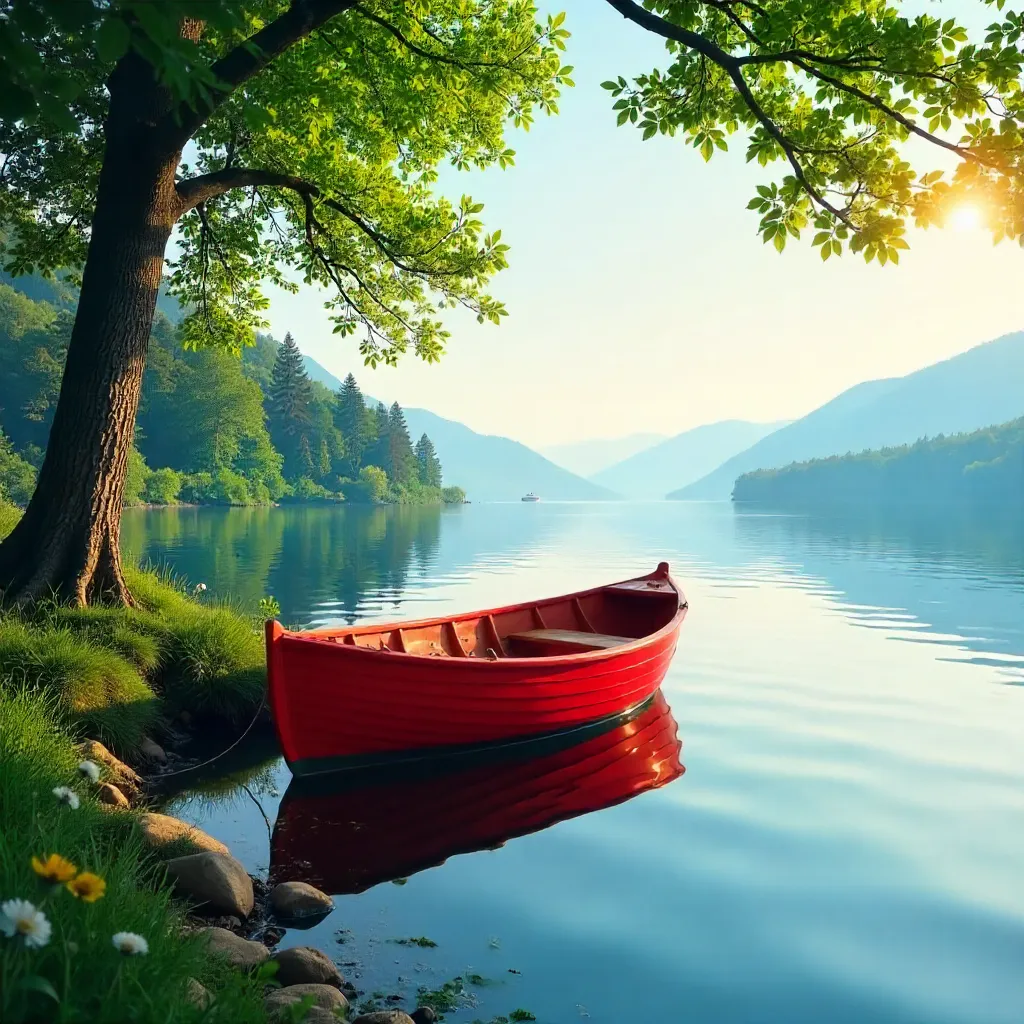 Tranquil Red Rowboat on Lake Bled Amid Greenery