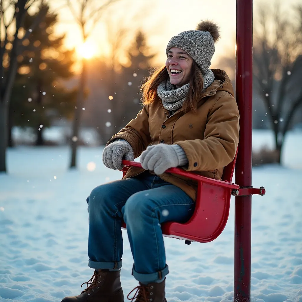 Winter Joy on a Spinning Chair in Snowy Playground