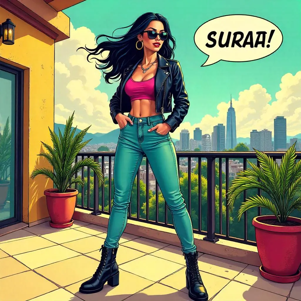 Latina Hero on the Terrace - Comic Style