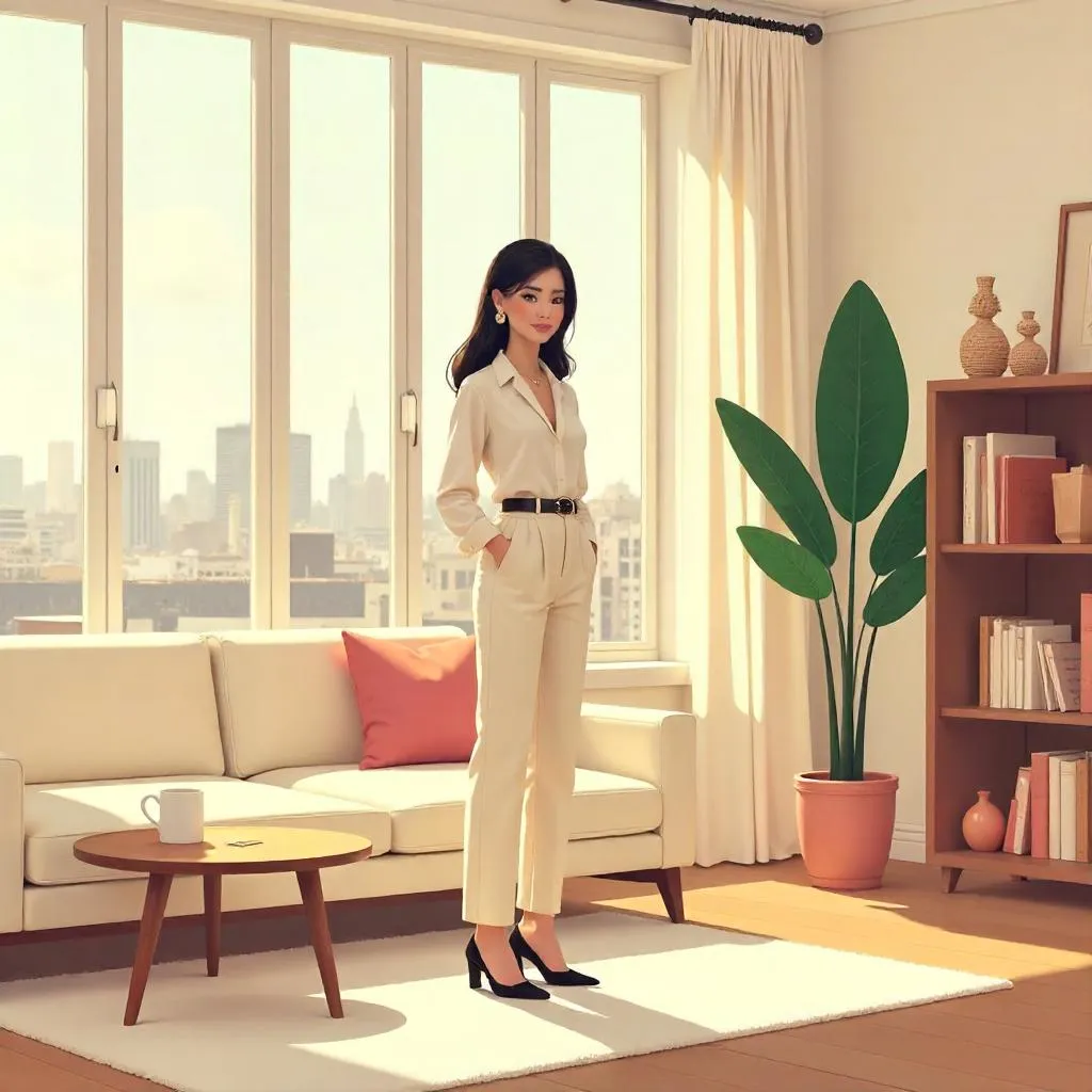 Elegant Cartoon Woman in a Modern Apartment