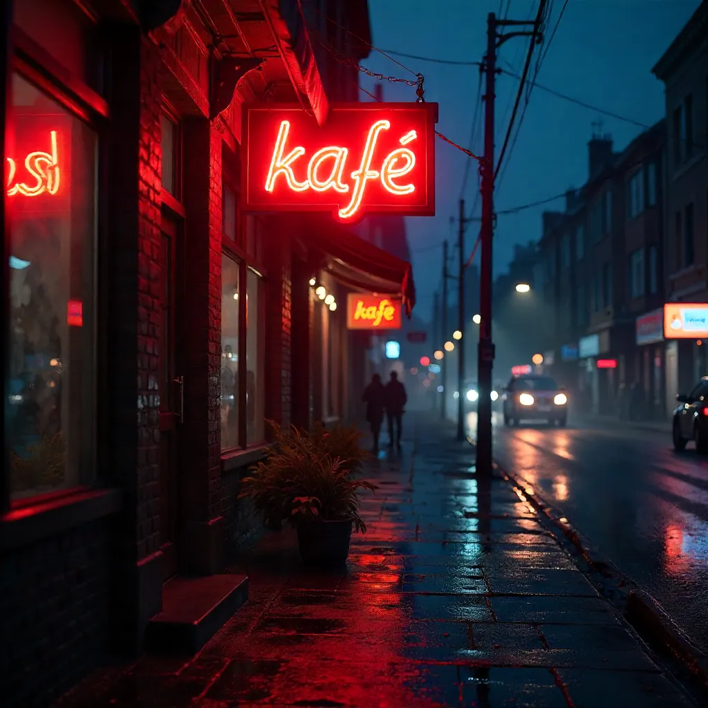 Bright Red Neon 'kafe' Sign Illuminating a Rainy Urban Night