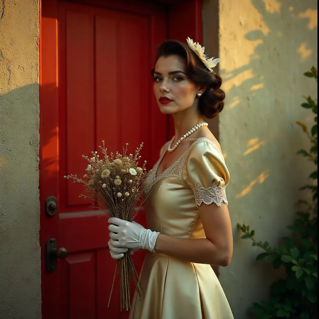 Elegant Retro Portrait by a Red Door