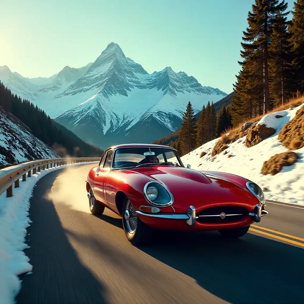 Vintage Sports Car on Alpine Road at Sunrise