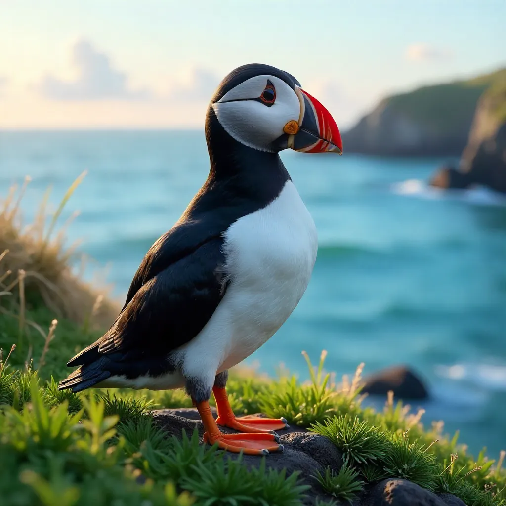 Atlantic Puffin Standing on Grass by the Ocean