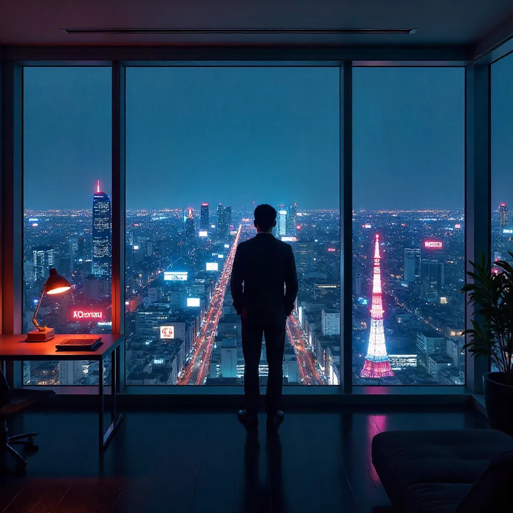 Man Gazing at Tokyo Skyline from Panoramic High-Rise Window