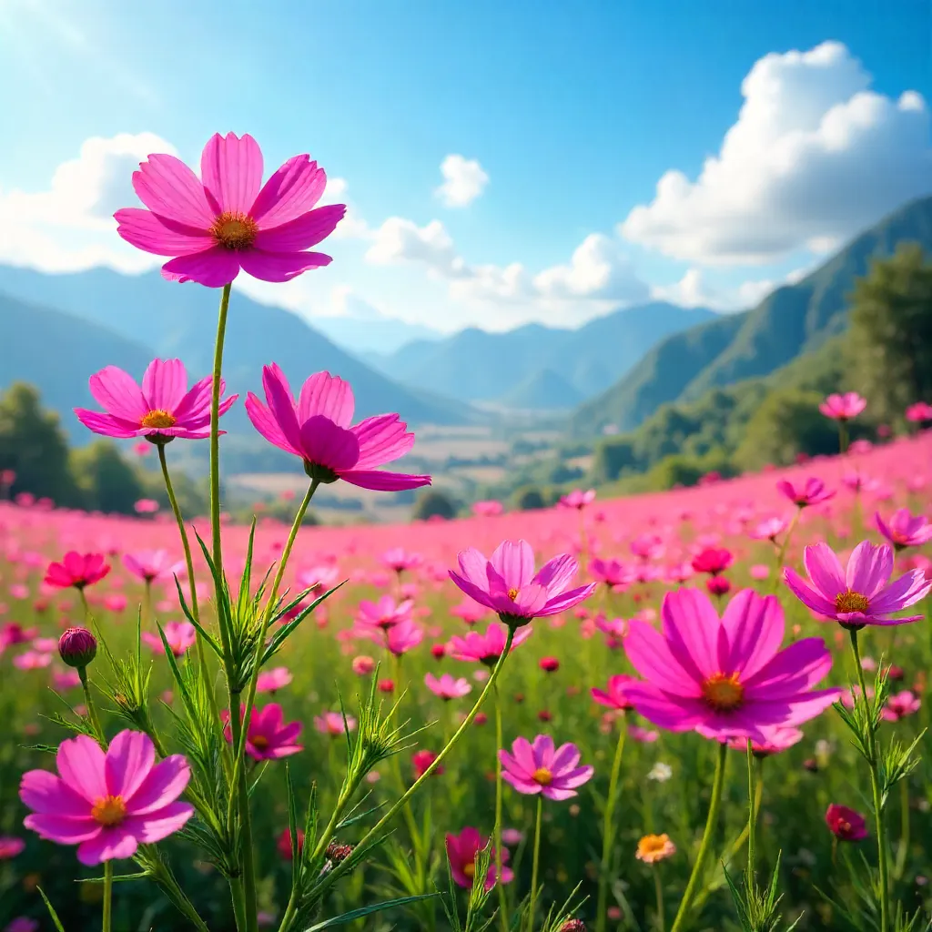 Pink Cosmos Blooming Under Vietnamese Sky