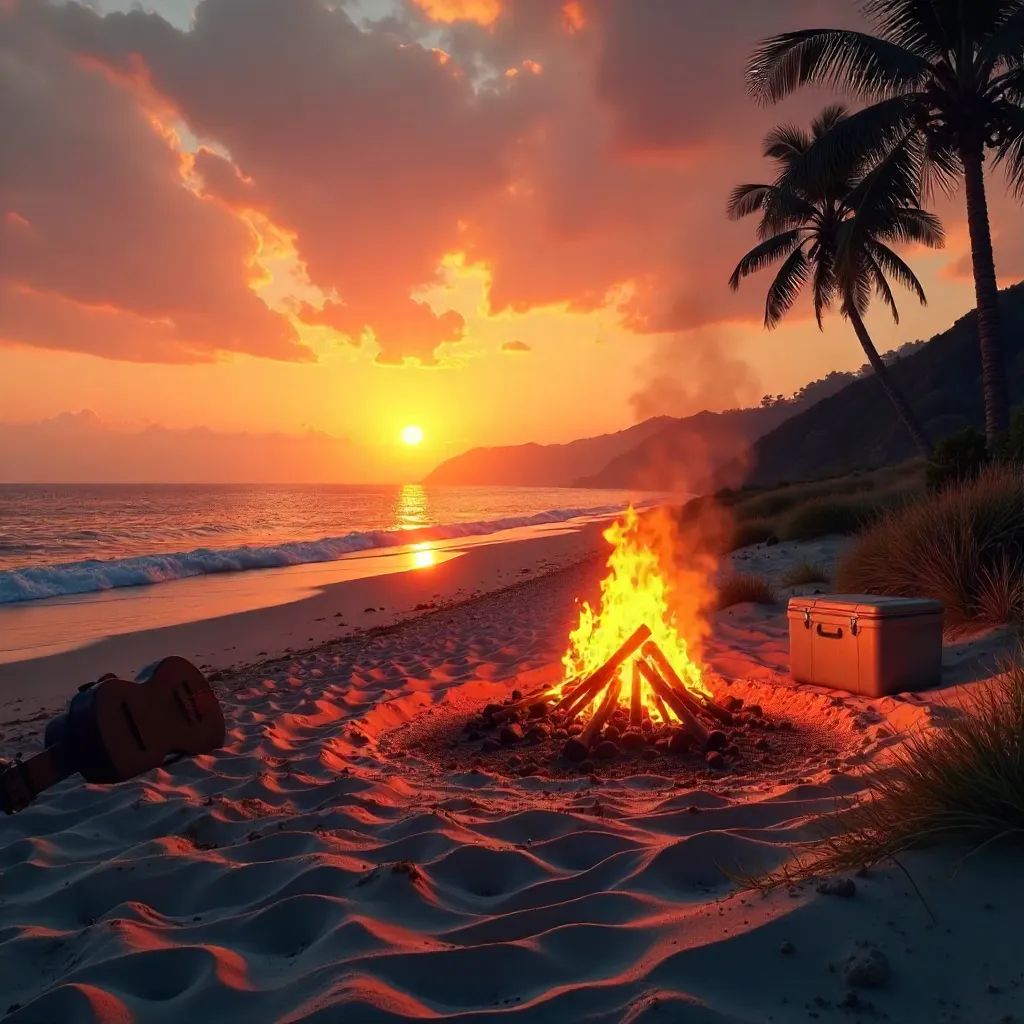 Sunset Bonfire on the Sandy Beach: Coastal Evening Glow