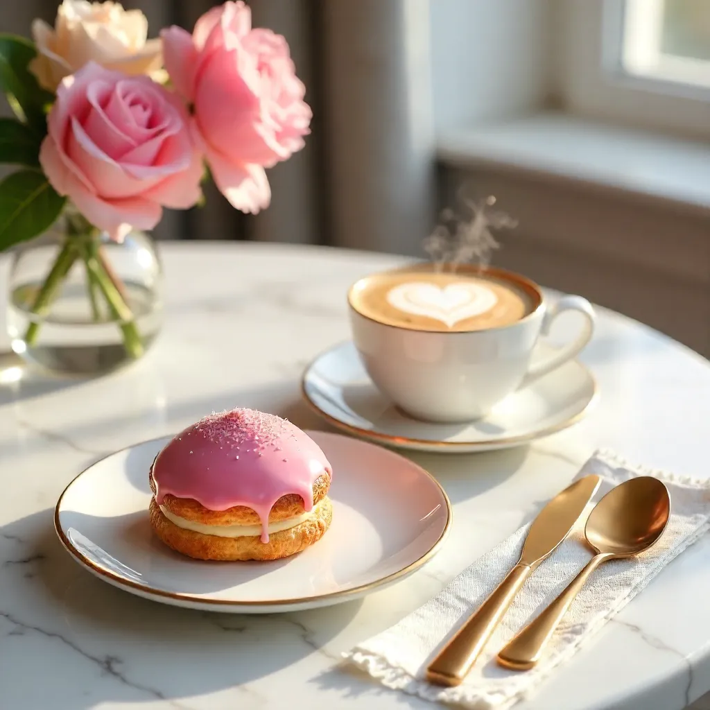 Pastel Pink Pastry with Frothy Latte on Marble