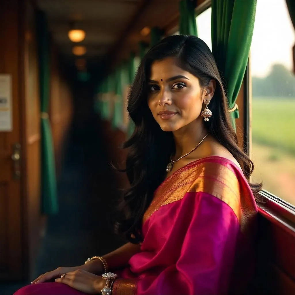 Photorealistic Indian Woman in a Train at Golden Hour