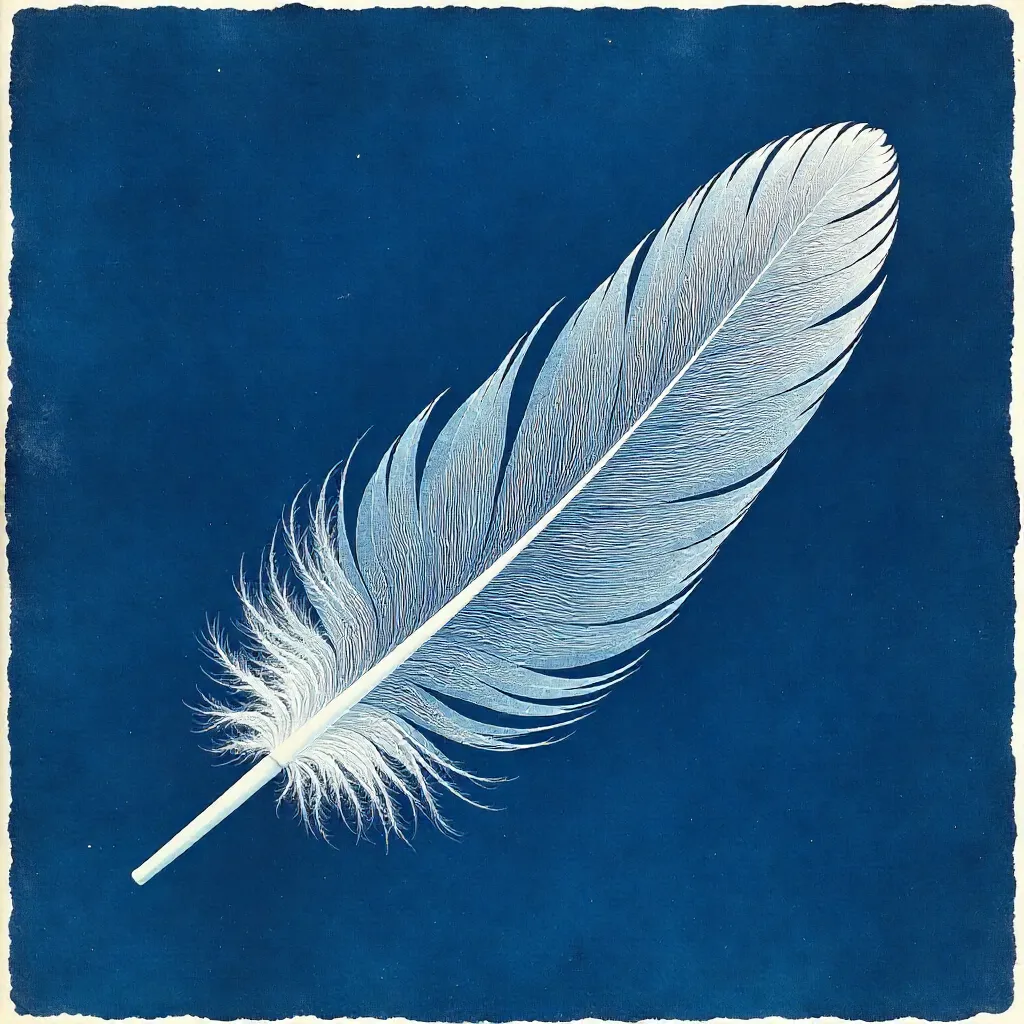 Delicate Cyanotype Feather on Azure Blue Background
