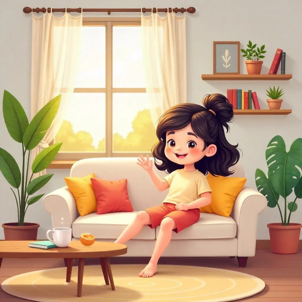 Cheerful Cartoon Girl in a Cozy Living Room