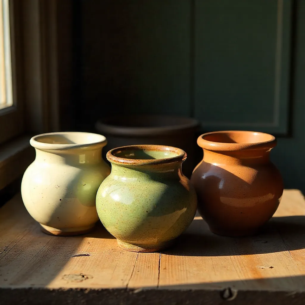 Three Rustic Ceramic Pots on Warm Wood