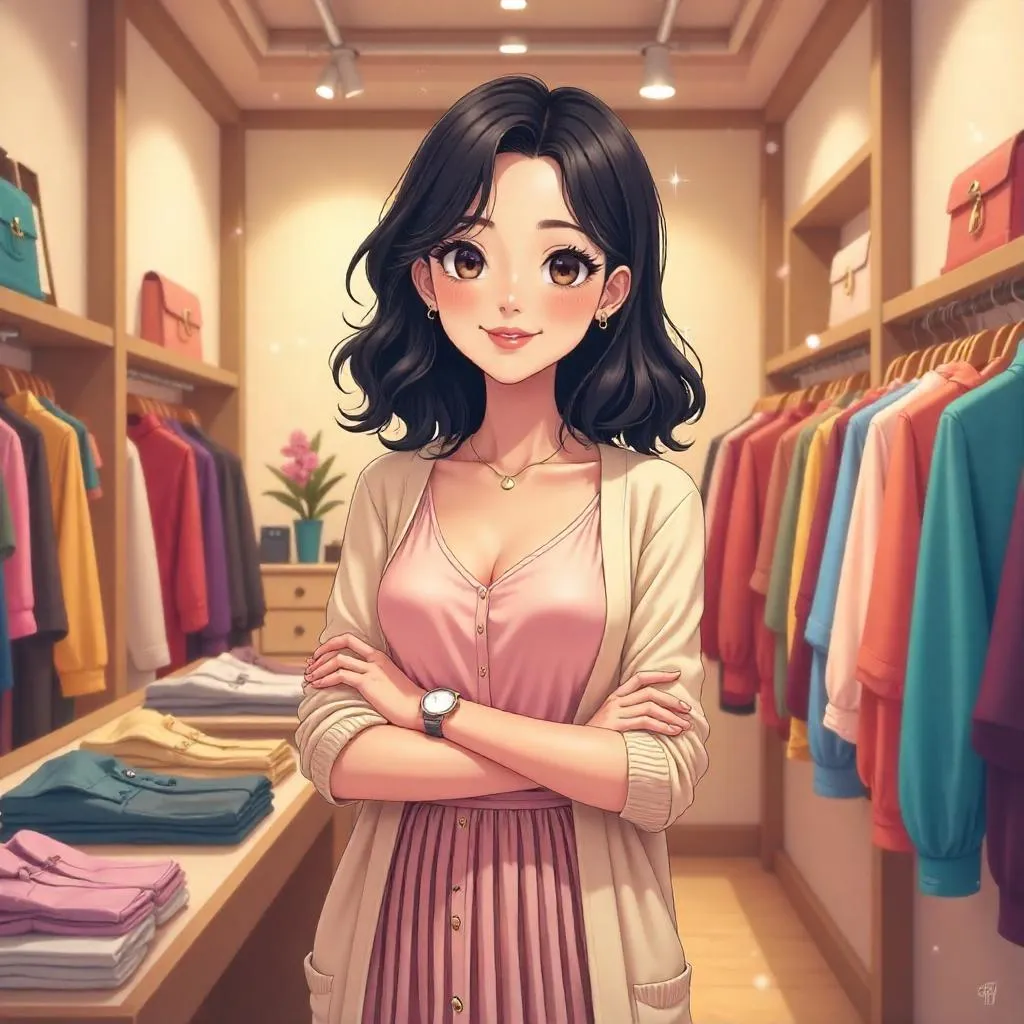 Cheerful Asian Woman in an Anime Boutique