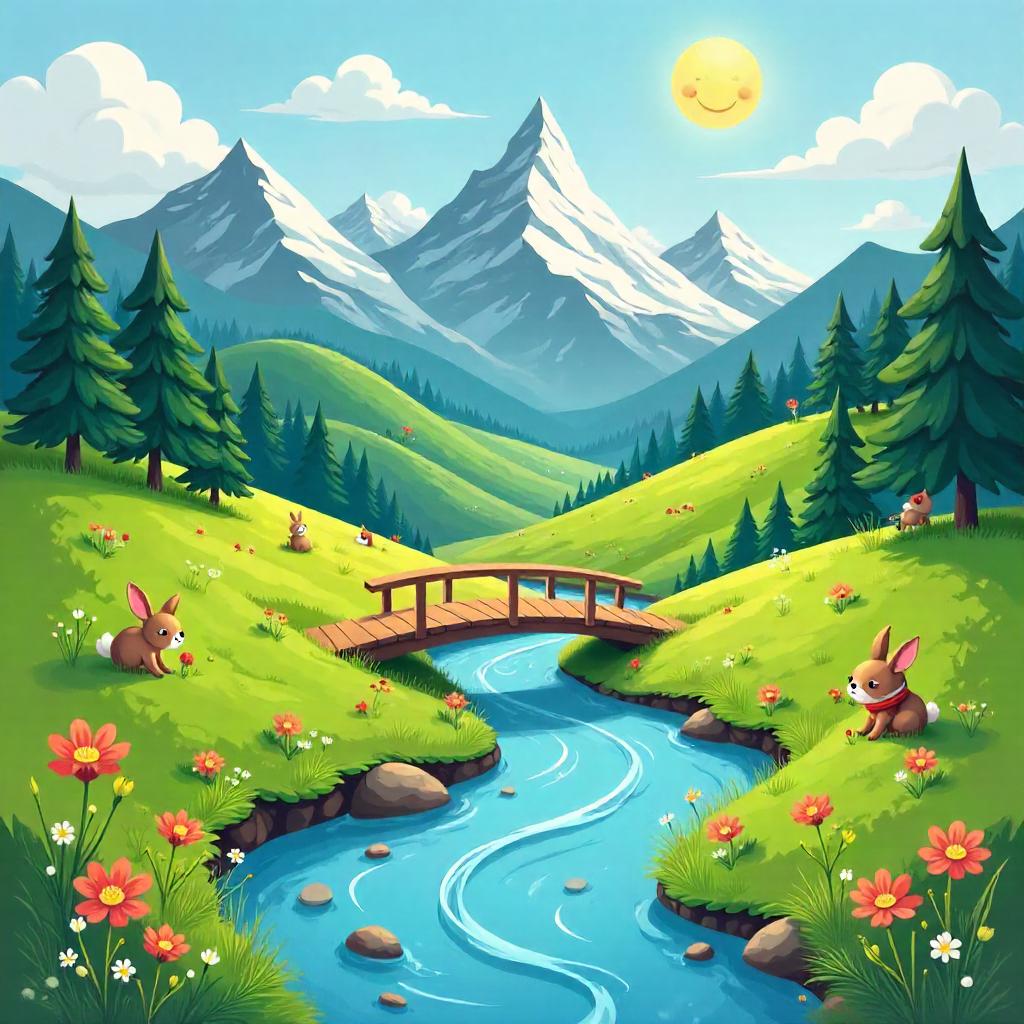 Whimsical Cartoon Valley in Mountain Valleys