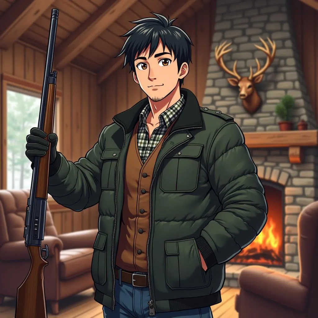 Handsome Asian Man in an Anime Hunting Lodge