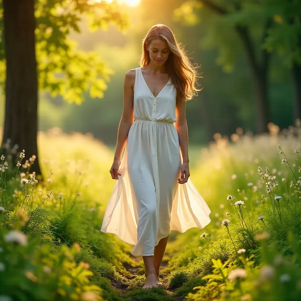 Serene Moment in a White Dress Amid Greenery