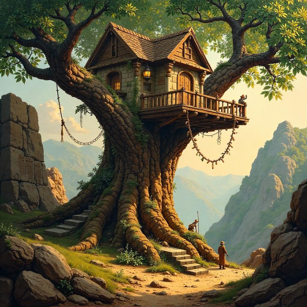 Treehouse Amid Ancient Ruins: Oil Painting