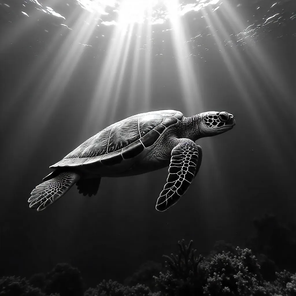 Graceful Black and White Sea Turtle Underwater