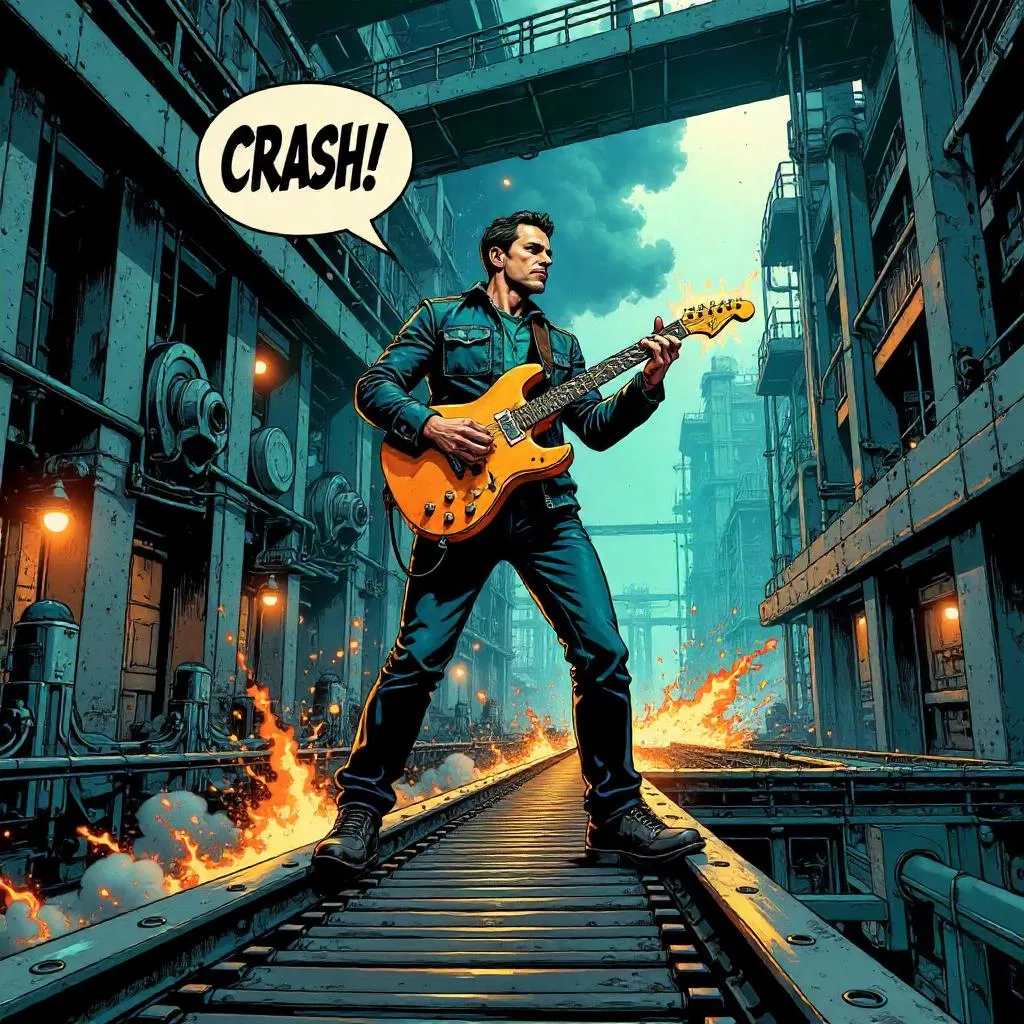 Electric Musician in a Factory Comic Scene