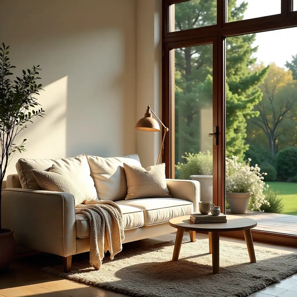 Cozy Indoor Nook with Tree View Through Glass Window