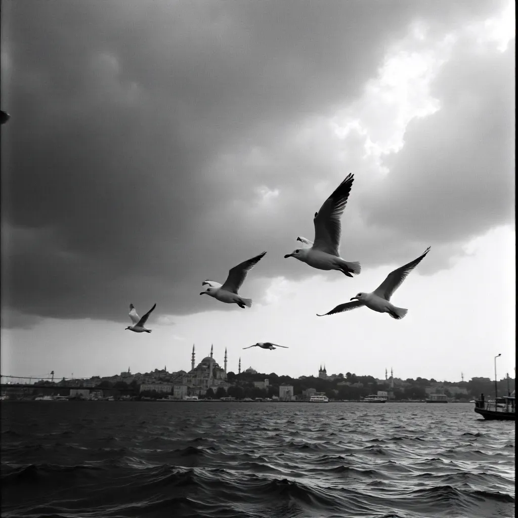 Seagulls Over Istanbul: Monochrome Sky