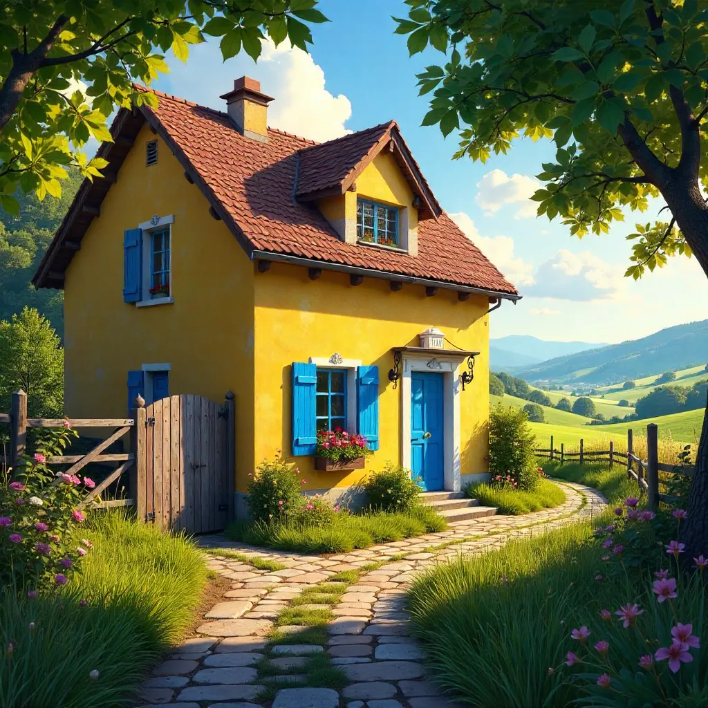 Sunny Yellow House with Blue Shutters in the Countryside