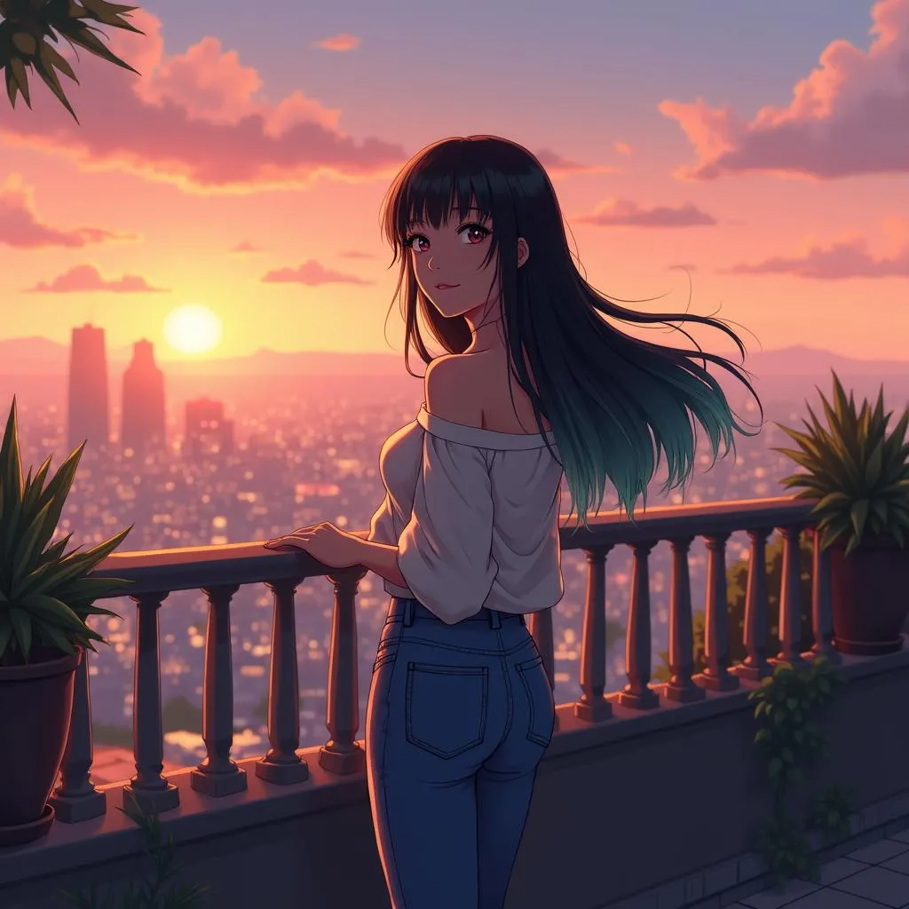 Balcony Breeze: Anime-Style Asian Woman