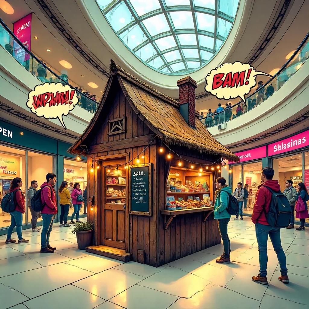 Hut Pop-Up in a Comic Mall Scene
