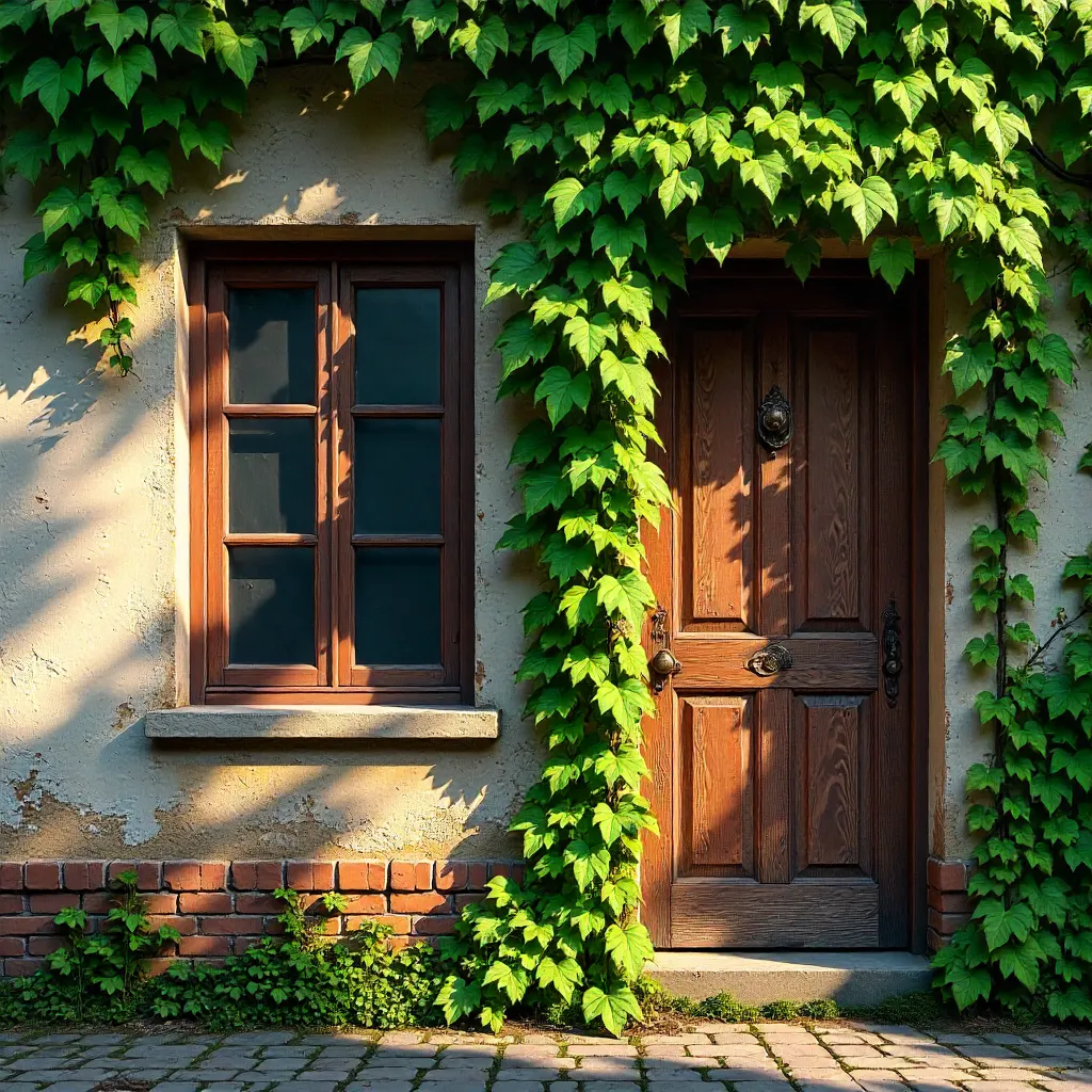 Ivy-Covered Wall with Vintage Wood Window and Door
