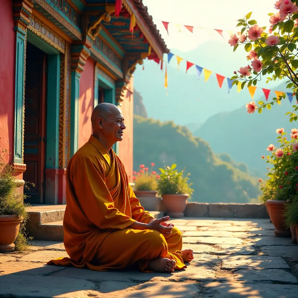 Serene Monk Meditating Before a Vivid Indian Monastery