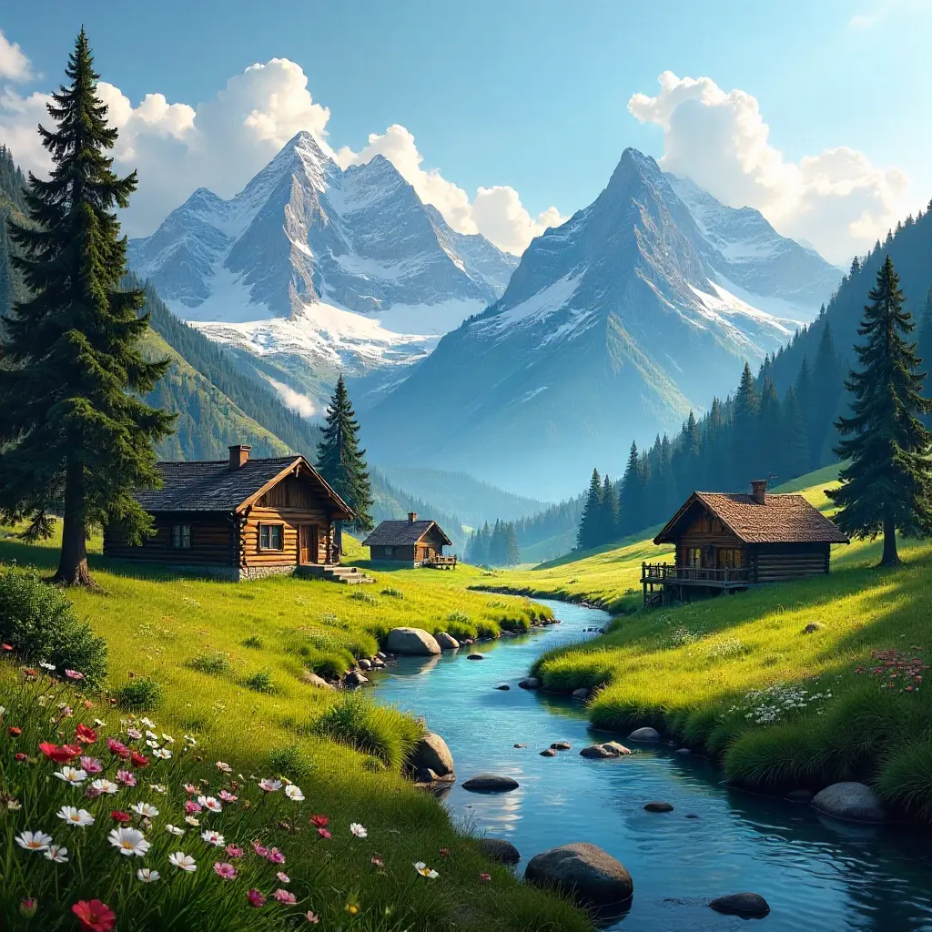 Idyllic Alpine Valley with Snowy Peaks and Cabins