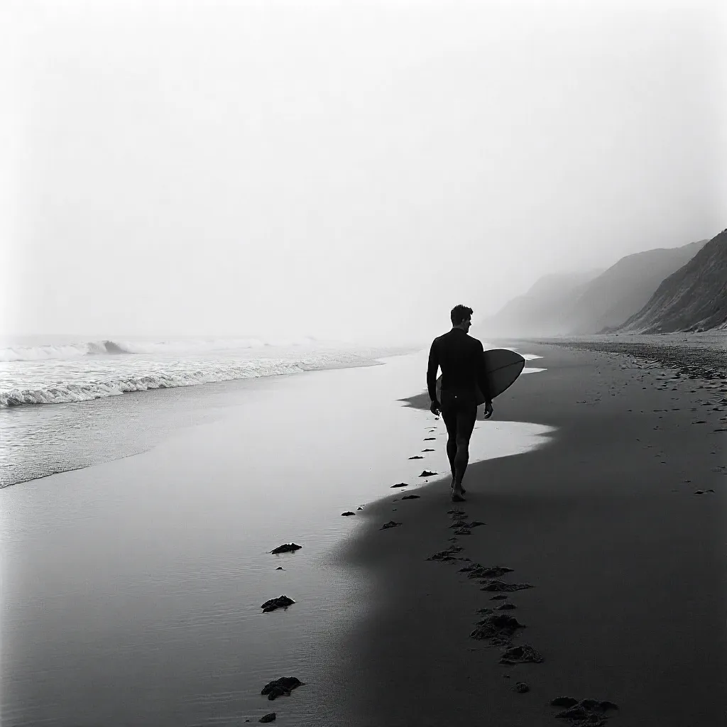 Footprints in Fog: Surfer on a Monochrome Beach