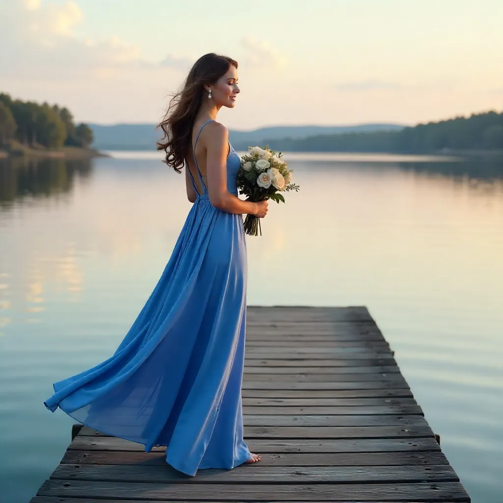 Elegant Woman on a Pier in a Flowing Blue Dress