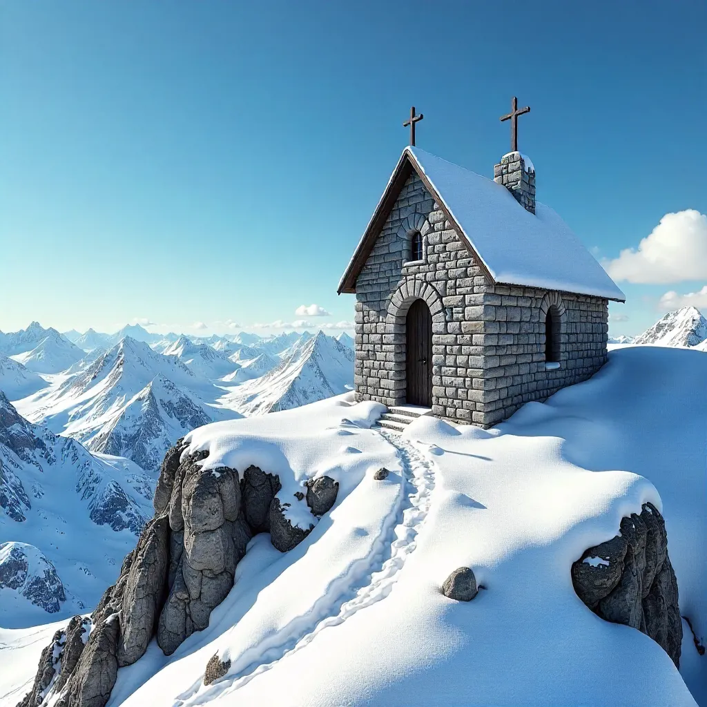 Snowbound Stone Chapel at the Zugspitze Summit