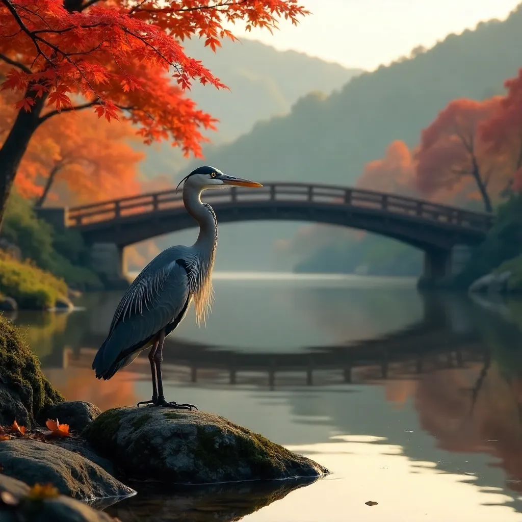 Heron by Togetsukyo Bridge in Kyoto Autumn