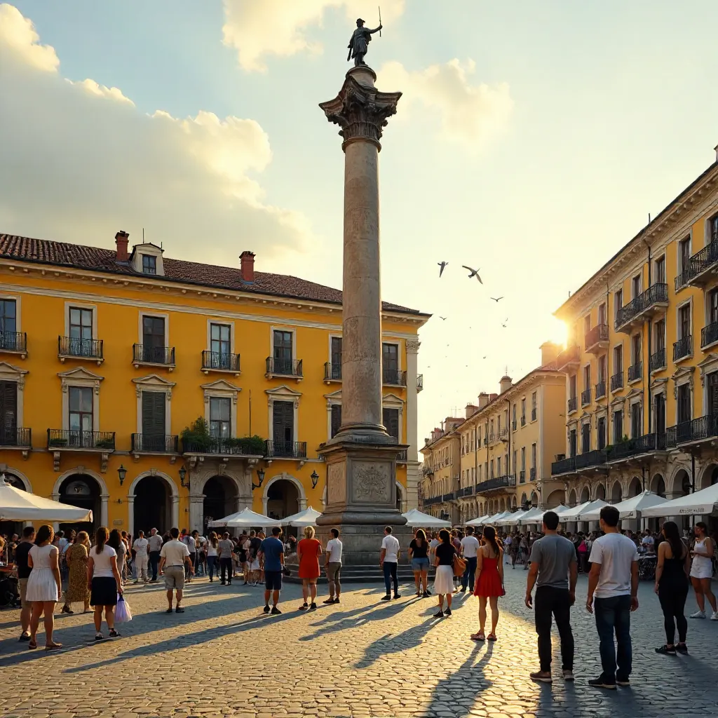 Crowd Around a Historic Column by a Yellow Building