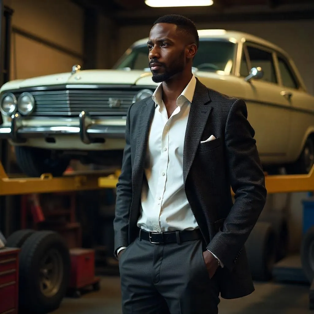 Elegant Black Man in a Mechanic Shop