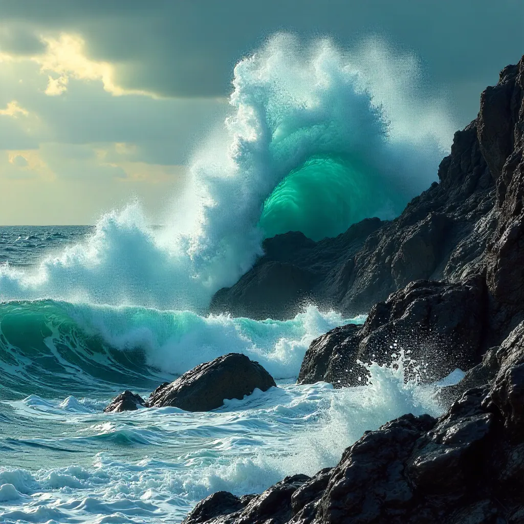 Turquoise Wave Impact on Rugged Coastal Rocks